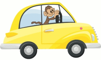 Driver Monkey. Cartoon Monkey Driving A Yellow Car.
