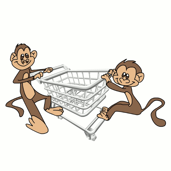 Two Cute Cartoon Monkeys Having Fun With A Shopping Trolley.