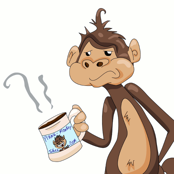 Cartoon Monkey With Morning Coffee. Not Yet Ready For A Prank.
